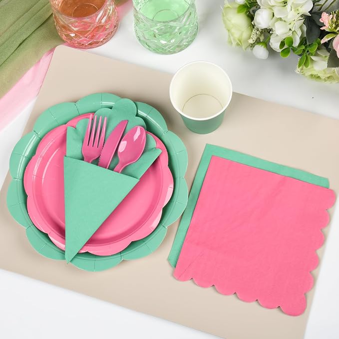 350 Pcs Candy Colors Party Plates and Napkins Party Supplies - Colorful Birthday Decoration Include Candy Colors Scalloped Plate Napkin Cup & Cutlery for Baby Shower, Wedding, Birthday, Bridal Shower