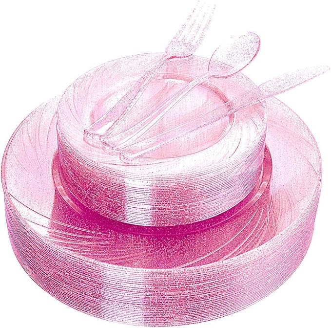 WDF Rose Gold Pink Plastic Plates with Pink Plastic Silverware include 40 Dinner & Salad Plates, 40Forks, 40 Knives, 40 Spoons for Party Baby Shower Wedding Spring