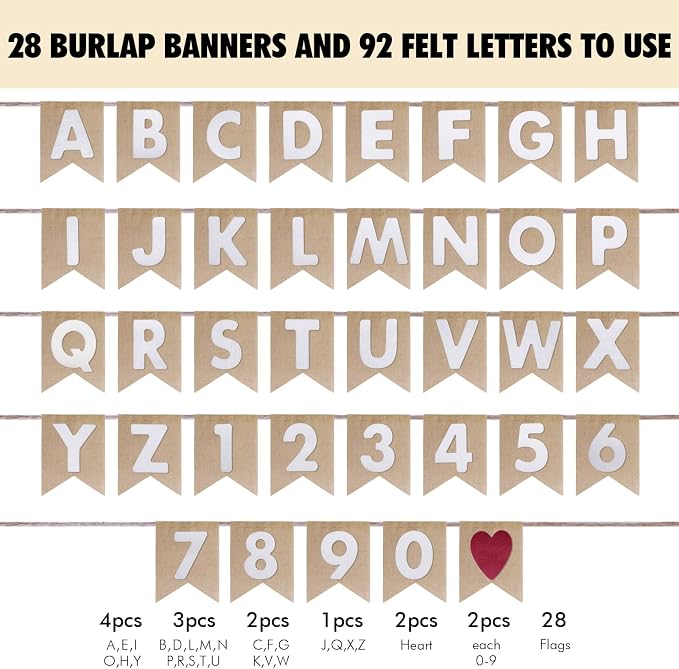 Custom Banner Kit, 28 Burlap Banner with 92 Felt Letters, Make Your Own Diy Customizable Kit for Birthday Wedding Party Decorations