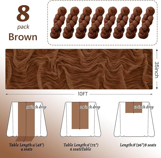 8Pack Brown Table Runner 10FT Brown Cheesecloth Table Runner 35x120Inch Long Boho Cheese Cloth Table Runners Rustic Gauze Table Runners for Party Wedding Bridal Shower Baby Shower Decorations