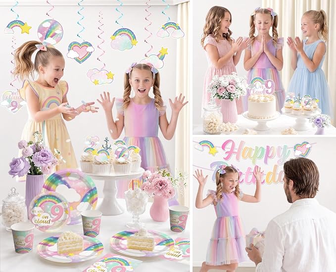 Xynic 200Pcs On Cloud 9 Birthday Decorations for Girls, All-in-One Party Supplies Includes Banner, Cake Toppers, Foil Balloons, Plates and Napkins, Easy Setup On Cloud Nine Party Decor, Serves 25