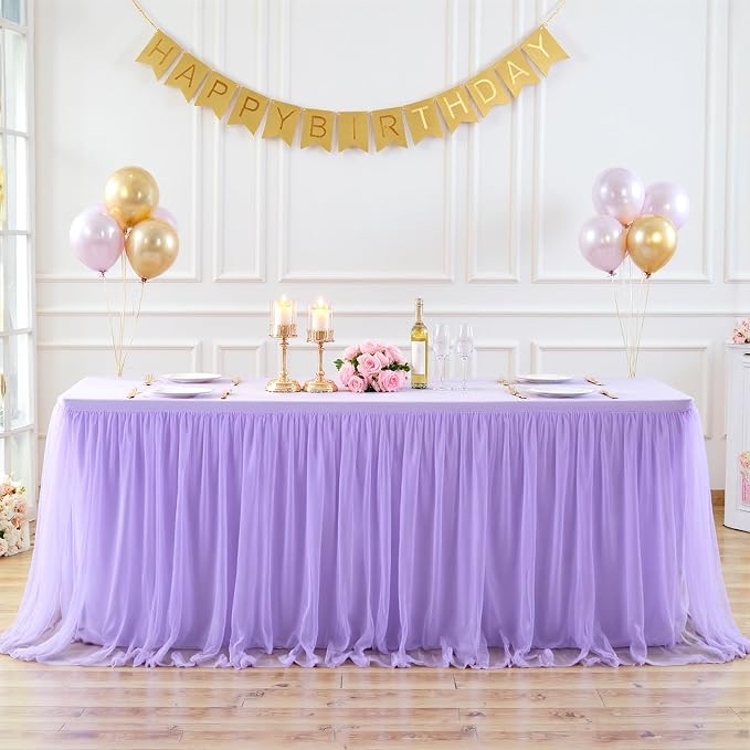Suppromo 2 Pack 6ft Lavender Tulle Tablecloths for Rectangle Tables 6 Foot Rectangular Table Cloth Wrinkle Free Table Cover with Tutu Skirt for Wedding Baby Shower Birthday Party Banquet Buffet Cake