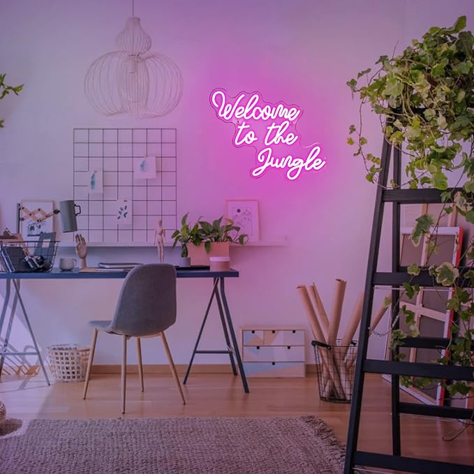 Welcome to the Jungle Neon Sign Pink Led Word Neon Light Signs for Wall Decor Usb Letter Light Up Sign for Bedroom Nursery Kids Room Garden Home Wedding Birthday Party Decorations Gifts