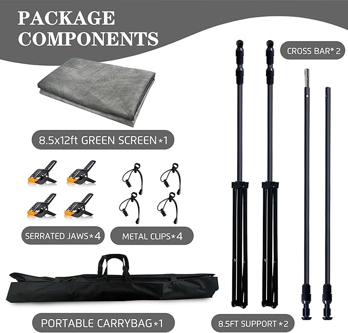 8Wx12H ft Abstract Photo Backdrop Kit, Grey | 2-in-1 Portable, 10Wx8.5H ft Adjustable Stand, 8Wx12H ft Abstract photography background, 8 Clamps, Storage Bag Included