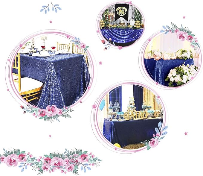 Juya Delight Navy Blue 90'' x 132'' Sequin Tablecloth Rectangle Sparkle Table Cover for Party Birthday Wedding Decoration