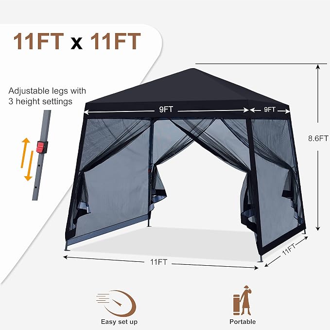 MASTERCANOPY Pop Up Gazebo Canopy with Mosquito Netting (11x11, Black)