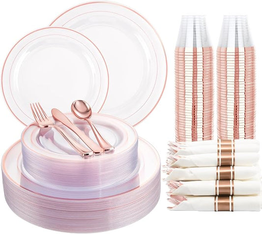 I00000 210 Pcs Rose Gold Plastic Plates with Silverware, Includes: 30 Dinner and Dessert Plates 7.5" 30 Cups 30 Per Rolled Napkins with Cutlery for Party & Wedding