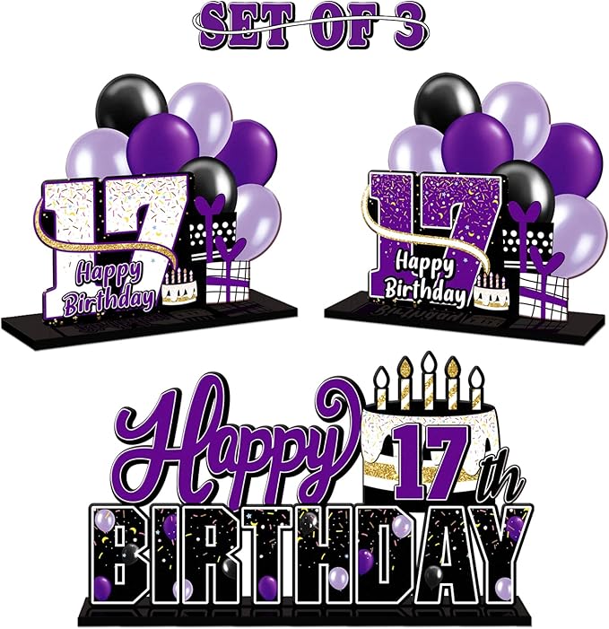 LINGTEER Happy 17th Birthday Purple Acrylic Table Topper Centerpieces Set - Cheers to Seventeen Years Old Birthday 17th Bday Party Gift Decorations.