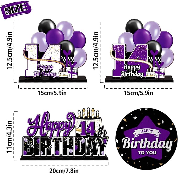 LINGTEER Happy 14th Birthday Purple Acrylic Table Topper Centerpieces Set - Cheers to Fourteen Years Old Birthday 14th Bday Party Gift Decorations.