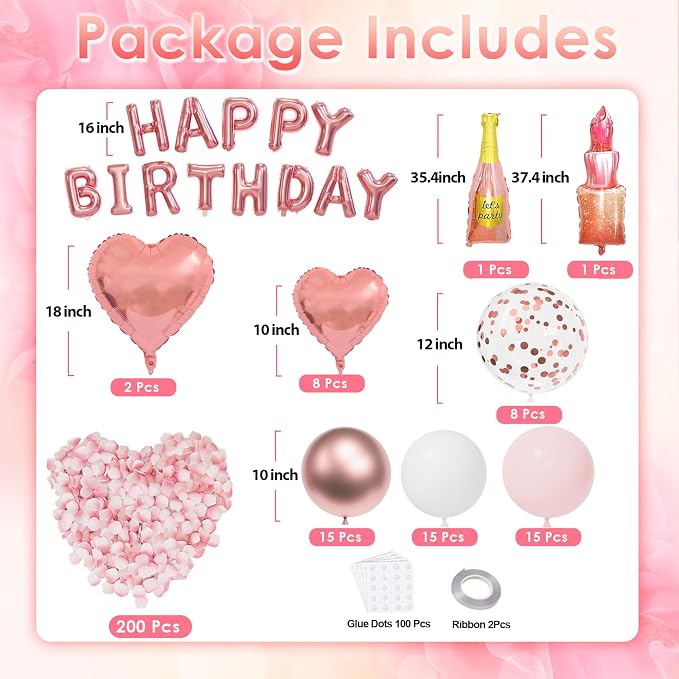 Rose Gold Happy Birthday Decorations for Women Pink and Rose Gold Biirthday Balloons Letters Banner with Heart-Shaped Champagne Bottle Lipstick Balloons Rose Petals for Room Birthday Party Decor
