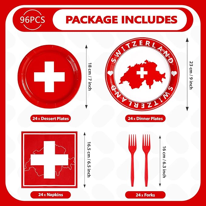 Grencian 96Pcs Switzerland Party Supplies Swiss Flag Plates and Napkins Disposable Switzerland Paper Plates Swiss National Day Decorations Tableware Kit for Football Events Travel, Cultural