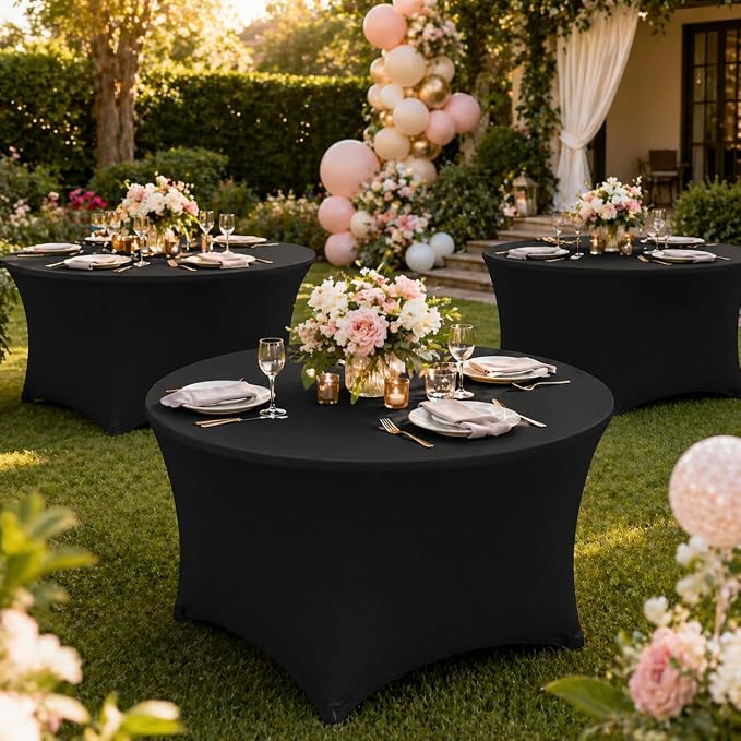 Round Table Covers - 6 Pack 48x30 Inch Table Cloth - Black Fitted Stretch Spandex Round Tablecloth for Party, Vendor, Birthday, Booth, Banquet