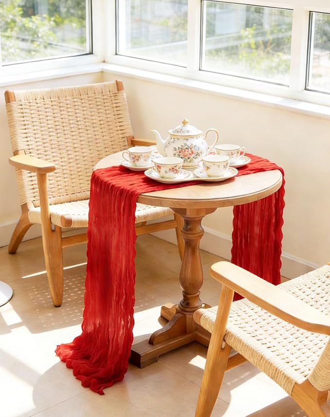 Red Cheesecloth Table Runner 21x120 Inch Gauze Table Runners Reusable Polyester 10ft Boho Rustic Cheese Cloth Table Runner for Wedding Party Baby Shower Birthday