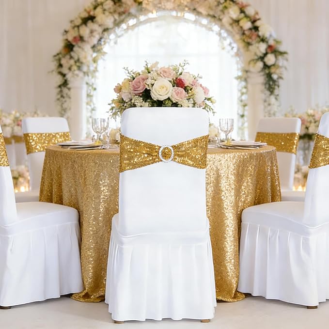 SquarePie Pack of 50 Sequin Chair Sashes Bands Glitter Gold Double-Sided Sequins Stretch Chair Cover Bows with Buckle Slider for Wedding Party Fiesta Banquet Decor