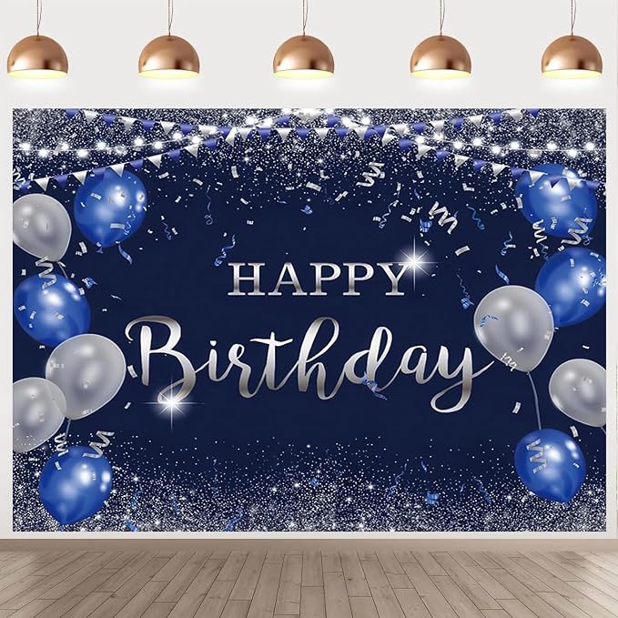 Happy Birthday Backdrop 7x5ft for Men Boys Navy Blue and Silver Happy Birthday Banner Decorations Large Birthday Party Photo Background Poster for Women Girls Supplies Polyester Fabric