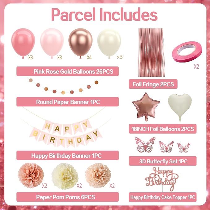 Dusty Pink Birthday Decorations Rose Gold Pink Beige Balloons Happy Birthday Banner Cake Topper Fringe Curtain Paper Pom Poms Butterfly Sticker Blush White Cream Heart Star Foil Party Girls Women