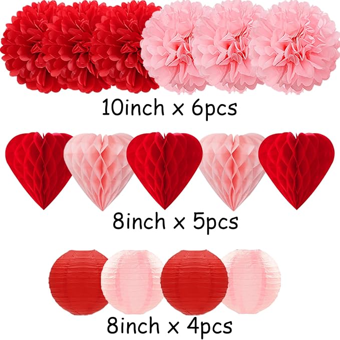 Red Pink Valentines Day Paper Flowers Hearts Honeycomb Lanterns Tissue Pom Poms 15pcs Galentines Party Decorations Anniversary Love Birthday Wedding Baby Shower Hanging Supplies Mprocherify