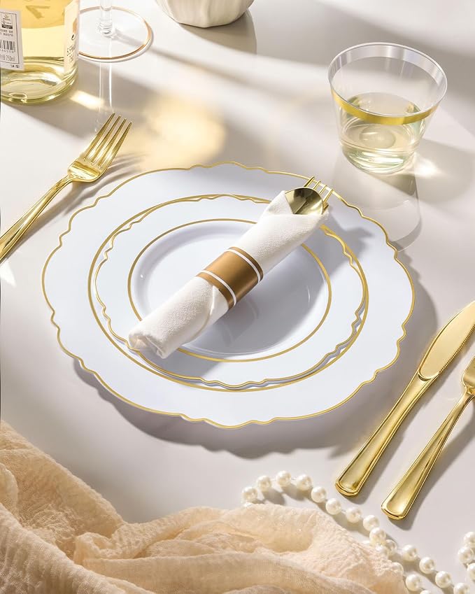 realluck 350 Piece White Gold Plastic Dinnerware Set for 50 Guests Elegant Disposable for Weddings, Parties, 100 Plastic Plates, 50 Pre Rolled Napkins with Silverware, 50 Cups