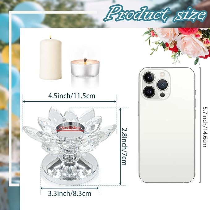 4 PCS Silver Crystal Flower Tea Light Holder, Glass Tealight Candlestick with Metal Base, Votive Candle for Table Centerpiece, Wedding/Parties Decor, Nice Gift