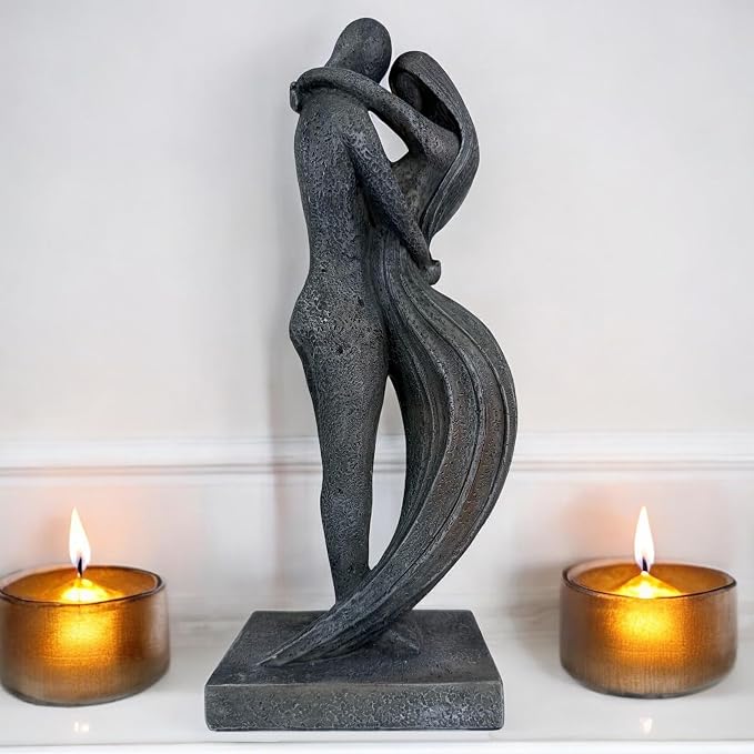 Top Brass Eternal Embrace Romantic Couple Sculpture – 12 1/2” Resin Lovers Statue (Graphite Kiss & Moon-wash Limestone) – Modern Home Décor Wedding Anniversary Love Art (Graphite Kiss)