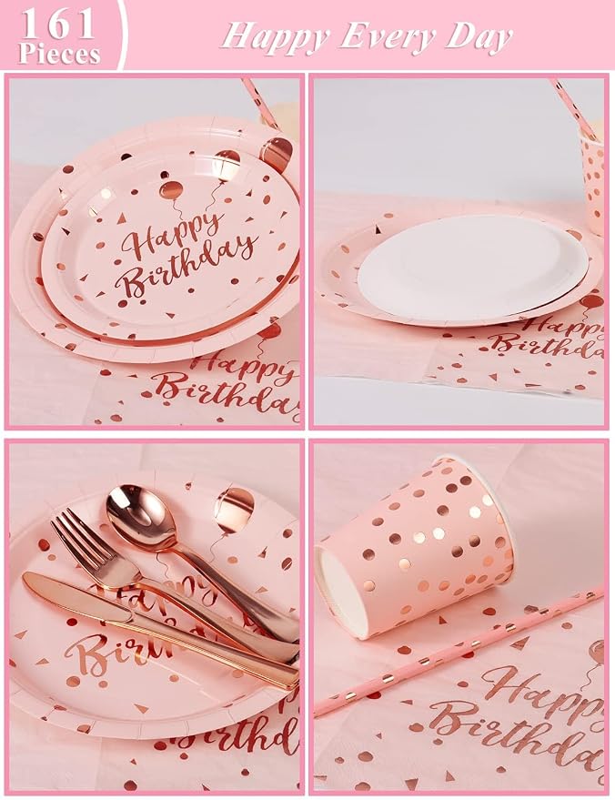 Nkaiso Birthday Party Tableware, 161 Pieces Pink and Rosegold Party Supplies, Party Dinnerware Sets Include Paper Plates Napkins Cups Silverware, for Shower Engagement Parties Decoration -20 Serves