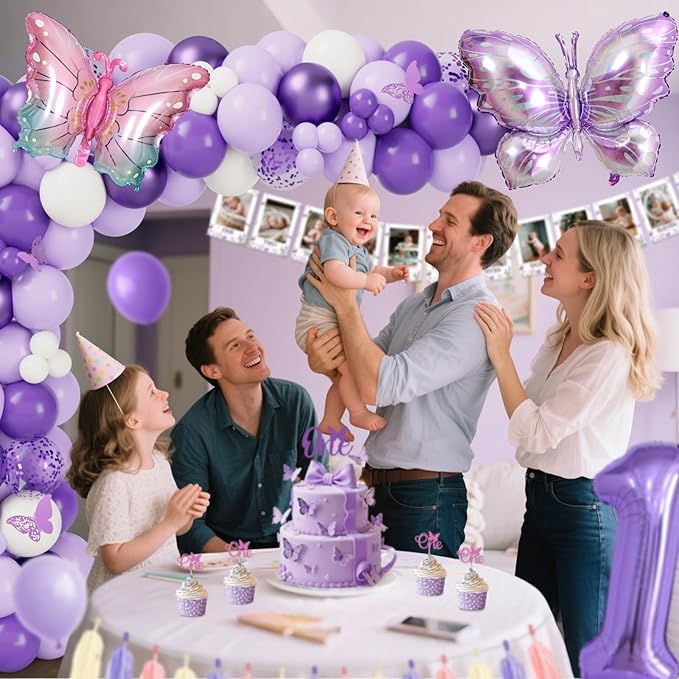 Butterfly First Birthday Decorations for Girl, 1st Birthday Decorations Girl Include Balloon Arch, Balloon Boxes, Highchair Banner, Photo Banner, Butterfly Banner, Cake Topper, Butterfly Stickers