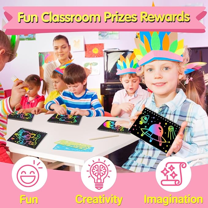 ZMLM Valentines Day Gifts Kids Classroom: 24 Pack Scratch Rainbow Art Notebook Paper, Birthday Party Favors For Kids 4-8, Bulk Goodie Bags Stuffers, Student Prizes From Teacher, Kindergarten Toy