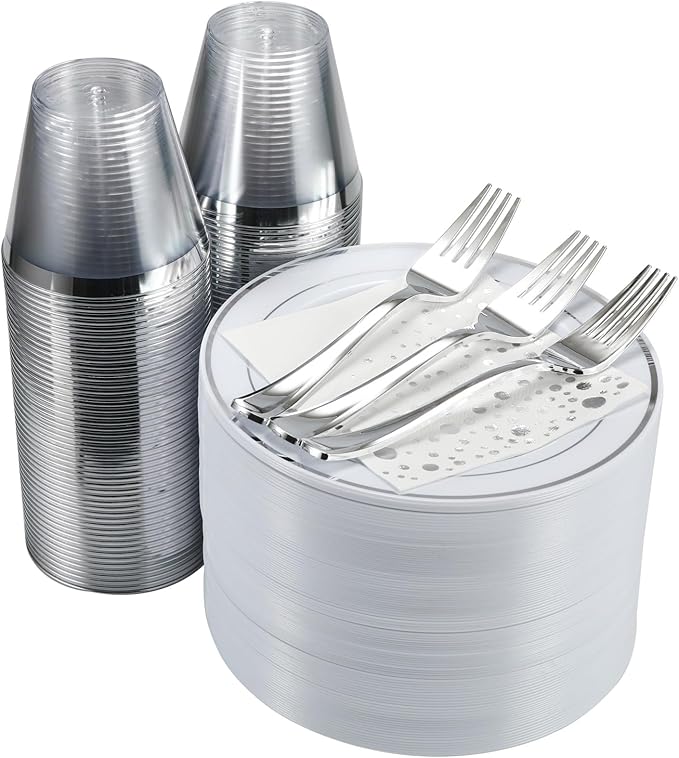 Stylish 7.5 Inch White and Silver Plastic Plates, Disposable Forks, Cups and Cocktail Napkins (100 Set), Silver Dessert Plates, Small Appetizer Plates, Disposable Cake Plates for Wedding Reception