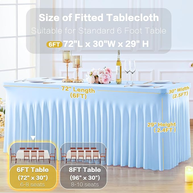 gogoparti 4 Pack Spandex Baby Blue Fitted Table Cloth for 6ft Rectangle Tables Light Blue Stretch Tablecloth Banquet Table Covers Wrinkle Free Tablecloths for Parties Wedding