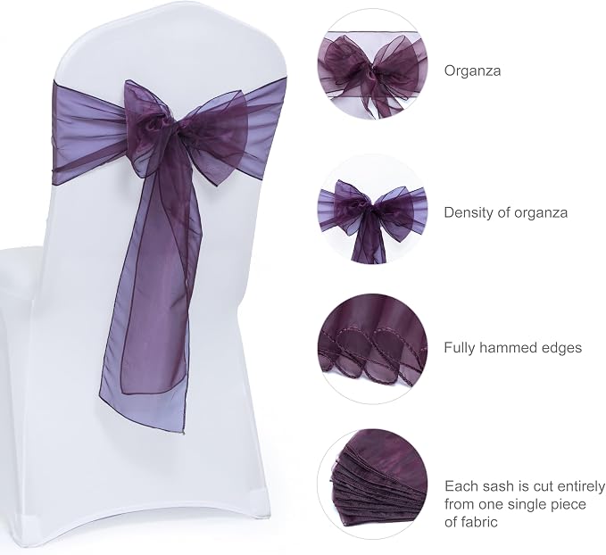 MDS® Pack of 250 Organza Chair Sashes for Wedding Decoration, Reusable Sheer Chair Bows for Banquet Chair Cover, Reception, Bridal Shower, Baby Shower, Birthday Party & Special Events - Plum