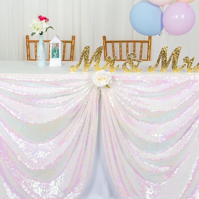 Sequin Tablecloth Rectangle 50x72-Inch Iridescent White Table Cloths for Parties Rectangular Table Cover Overlay Glitter White Birthday/Baby Shower/Tea Party Decor