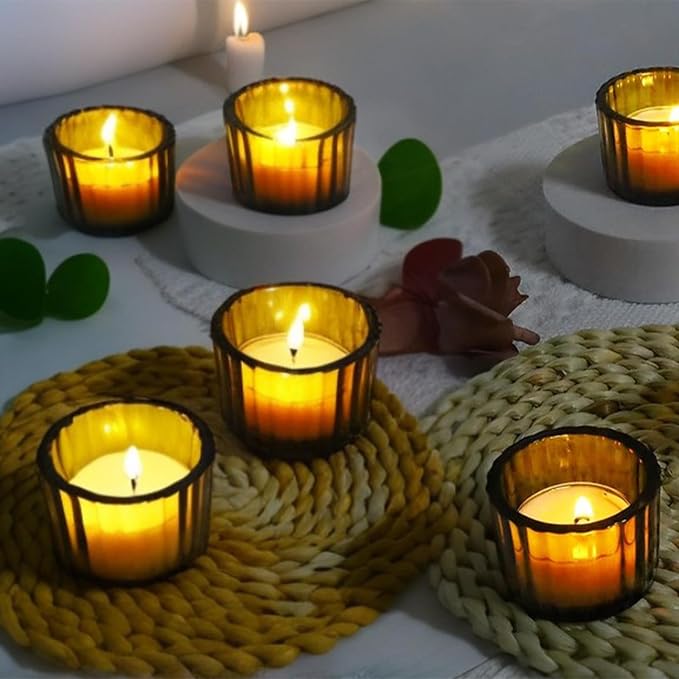GOLDEAL Amber Tealight Candle Holder,Set of 24 Thick Glass,Tea Light Holders Bulk,Votive Candle Holders,for Wedding Table Decor,Party Supplies,Bridal/Baby Shower Decorations,Centerpieces for Tables