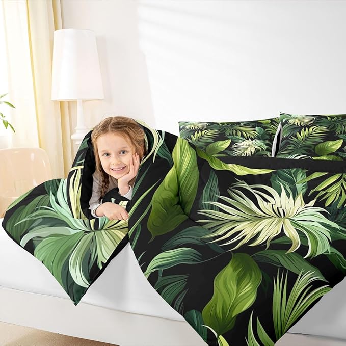 Feelyou Tropical Leaves Comforter Set Queen Size Kids Palm Tree Print Comforter for Boys Girls Teens Leaf Pattern Bedding Set Botanical Leaf Branches Duvet Set Botanical Quilt