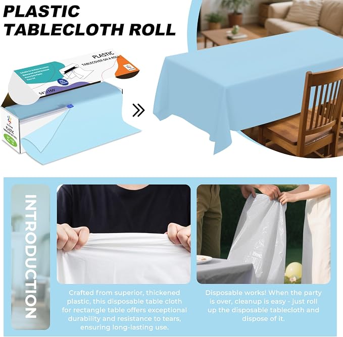54IN X 160FT Plastic Table Cover Roll with Cutter Box, Cut to Size Plastic Table Cloths for Parties, Birthday, Disposable Tablecloth Roll for All Shape Tables (Light Blue, 54 Inch X 160 Feet)