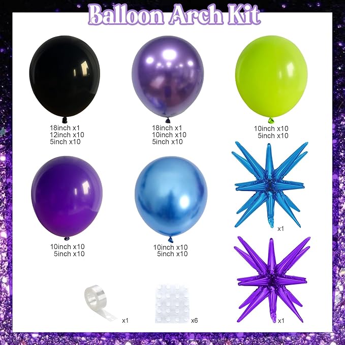 Blue Purple Balloon Garland Arch Kit, 104 PCS Metallic Purple Blue Black and Green Balloons with Star Balloons for Kids Boys Video Game Night Birthday Party Decorations