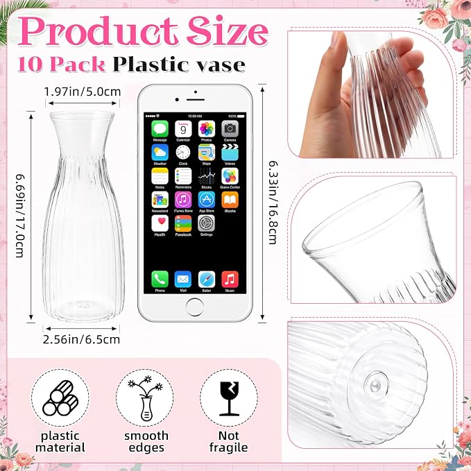 Zeyune 31 Pcs Rose Artificial Flowers with Vase Bulk for Table Centerpiece, 20 Bundles Fake Silk Roses 10 Plastic Clear Vase with 1 Pcs Rope Arrangement Decoration Wedding Home Party(Champagne,Red)