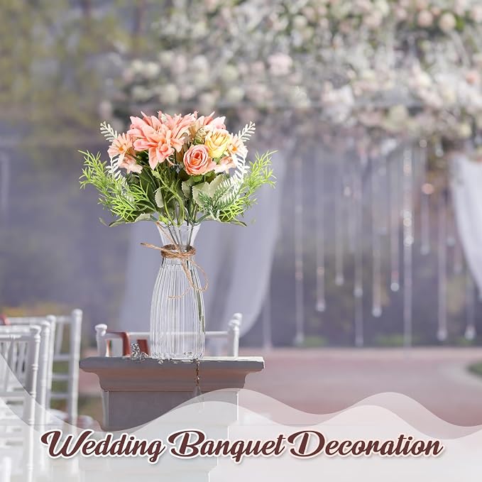 Reallnaive 30 Pack Artificial Flowers Table Centerpieces Decorations with Plastic Vase Wedding Mason Jar 20 Bundles Silk Floral Bouquet 10 Clear Vase with Rope for Party Decor(Dahlia,Champagne)