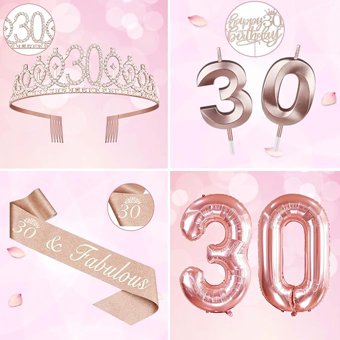 30th Birthday Decorations for Her, Including 30th Birthday Sash and Tiara, Cake Topper and Candles, Number Balloons, 30 Year Old Gifts for Women