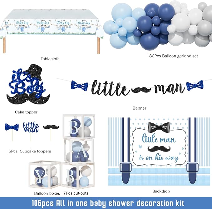 Hombae Little Man Baby Shower Decorations, 106 PCs - Unique Boy Baby Shower Party Supplies with Mustache and Bow Tie Backdrop, Balloon Garland, Cake Topper, Sweet Boy Tablecloth