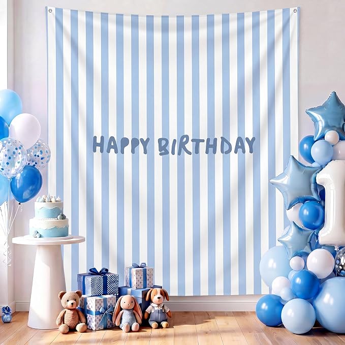 Flutesan 7x5ft Blue Stripe Happy Birthday Backdrop Large Banner Fabric Tapestry Birthday Party Decoration Baby Shower Linen Rustic Background Wall Photo Props Indoor Outdoor