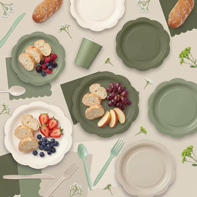 Ceenna 390 Pcs Sage Green Party Decoration for 48 Guests, Gradient Sage Green Beige Paper Plates Napkins Cups Tablecloth Cutlery Disposable Tableware Set for Birthday Baby Shower Wedding Party Supply
