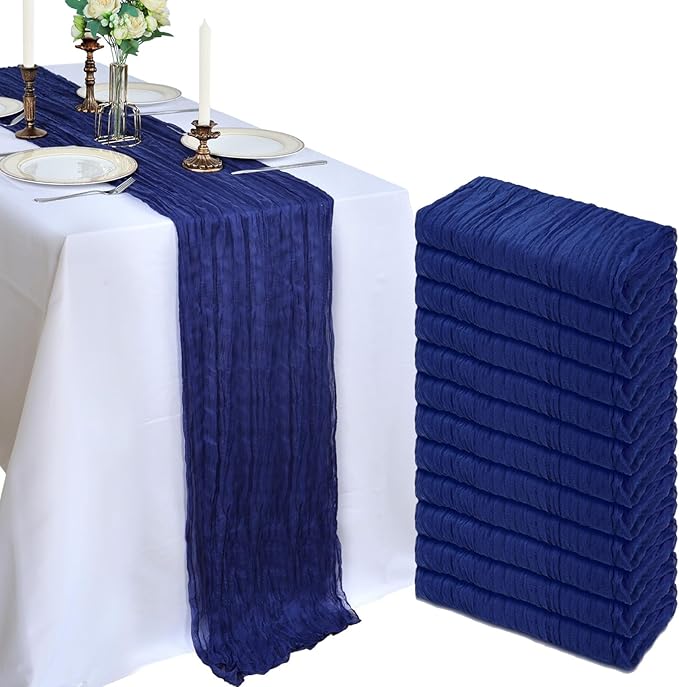 12 Pack 10FT Royal Blue Cheesecloth Table Runner 120 Inch Long Gauze Rustic Boho Spring Cheese Cloth Table Runner Sheer Fabric Decorations for Holiday Party Wedding Banquet Bridal Baby Shower Décor