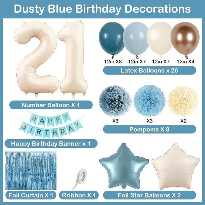 Dusty Blue 21st Birthday Decorations for Him Her Beige Cream Number 21 Balloon Blue Gold Happy Birthday Banner Fringe Curtain Paper Pom Poms Nude White Sand Champagne Star Foil Balloons Party Decor