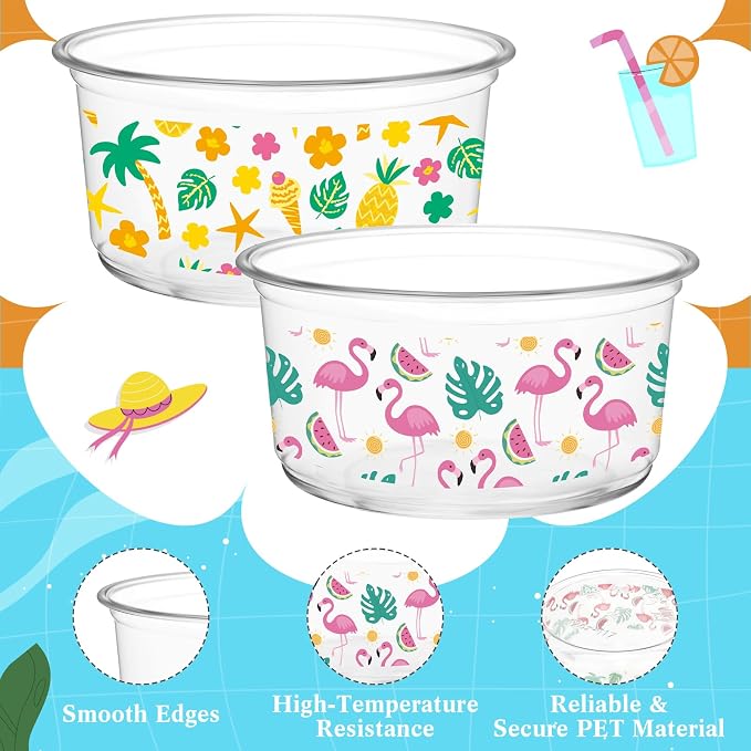 SiliFine 100 Pcs 12 oz Hawaiian Clear Plastic Bowls Disposable Luau Party Bowls Bulk Flamingo Dessert Cups with Palm Leaf for Wedding, Birthday, Home or Tropical Party Supplies