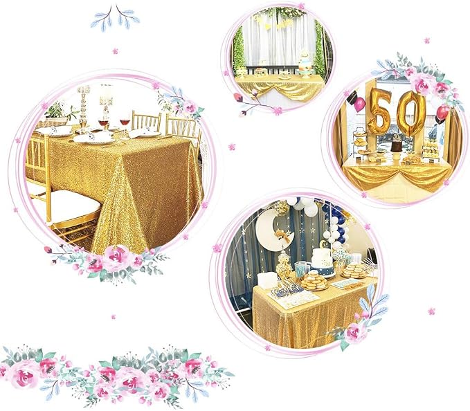 Juya Delight 50" x 80" Bright Gold Sequin Tablecloth Rectangle for Wedding Birthday Party Festival Ceremony Cake Dessert Table