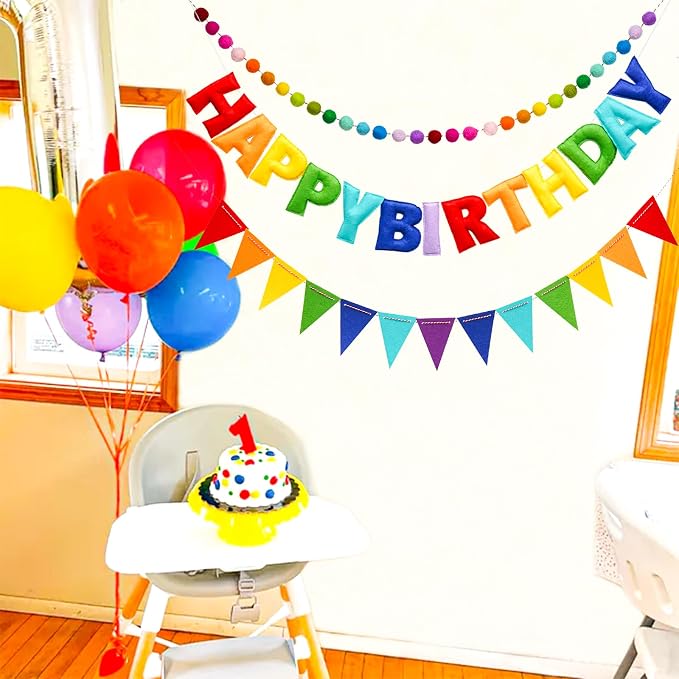 3 Pcs Pre-Strung Happy Birthday Banner, Felt Ball Garland, Pennant Triangle Flags, Rainbow Party Decorations, HAPPY BIRTHDAY Garland, Personalized Holiday Sign for Birthday Decor, Party Supplies, Photo Prop ( Felt Banner + Pennant Flags + Rainbow Balls)