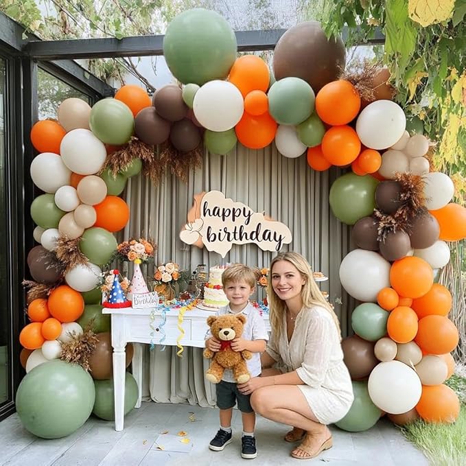 Balloon Arch Kit - Double Stuffed Dusty Green Orange Brown Beige Balloons for Neutral Baby Showers Woodland Wild One Dinosaur Birthday Decorations