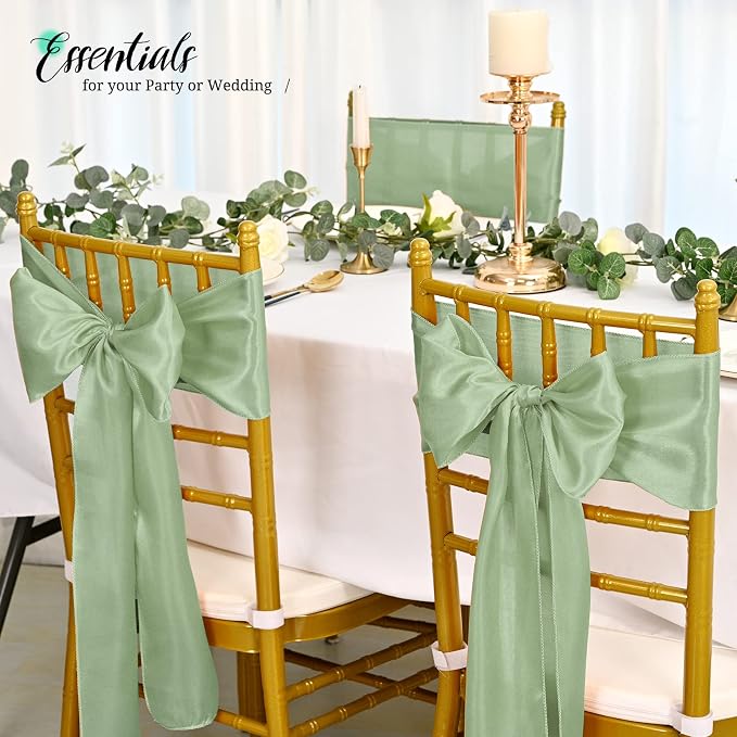 Pesonlook 60 PCS Sage Green Satin Chair Sashes Bows Satin Chair Sashes Universal Chair Cover for Wedding Reception Restaurant Event Decoration Banquet,Party,Hotel Event Decorations (7 x 108 inch)