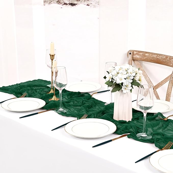 12 Pack Dark Green Cheesecloth Table Runner 10FT Boho Gauze Cheese Cloth Table Runner Rustic Sheer Fabric Table Runners for Wedding Bridal Shower Baby Shower Party(21.5×120 Inch)
