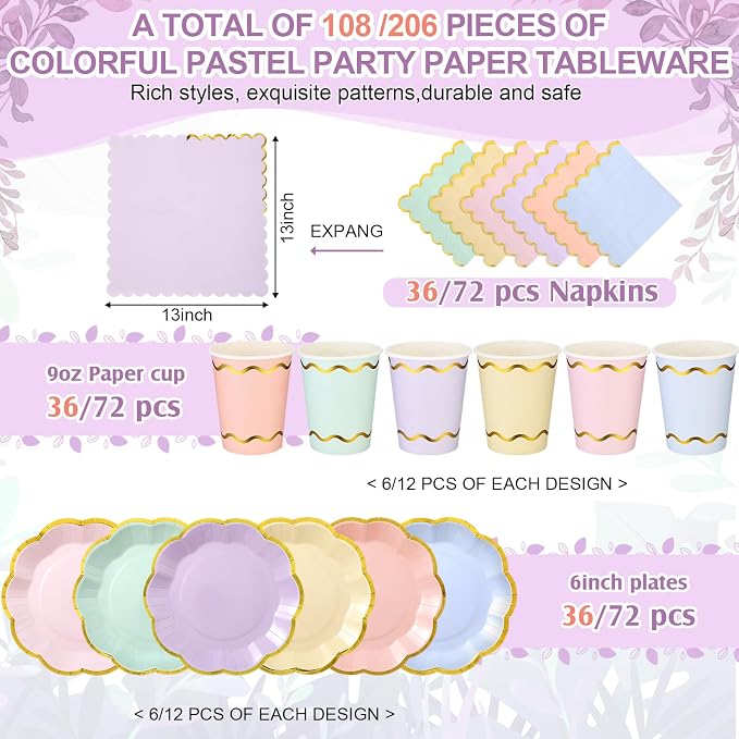 Yungyan 108 Pcs 36 Guest Pastel Paper Plates and Napkins Sets Pastel Party Supplies Gold Foil Scalloped 6" Plates 9 oz Cups Disposable Tableware Set for Birthday Wedding Baby Shower Supplies